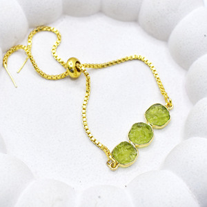 Raw Peridot Gemstone Triple Stone <b>Bracelet</b> Gold Plated <b>Adjustable</b> Slider Handmade Dainty August Birthstone Jewelry Gift - Product Image 3