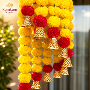 Artificial Marigold <b>Flower</b> Chandelier Hanging 3 ft Long Traditional Vintage Modern Wedding Jhoomar Bells Home Temple Door Decor - Product Image 3