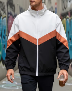 Men's Eco-Friendly Breathable Canvas Color Blocking Coated Windproof Bomber Jacket Stand Collar Single Button Closure Sporty - Product Image 6