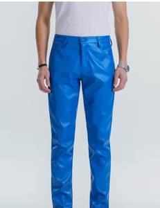 Men's Blue PU Coated Straight Fit Casual <b>Trousers</b> <b>Elastic</b> <b>Waist</b> Anti-Pilling Stone Wash Heavyweight Winter Wear Stylish PU Pants - Product Image 3
