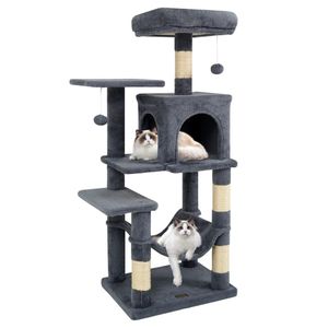 Ampio Tiragraffi Grigio per Gatti con 44 Posti Scomponibili su Più Livelli, 2 Porte, Cuccia e Amaca per Gatti di Taglia Grande da Interno - Product Image 1