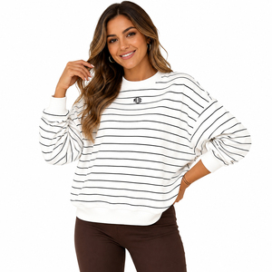 Women's Striped Crewneck Sweatshirt Cotton Fleece Drop Shoulder Rib Cuffs Casual Streetwear Hoodies Private Label OEM Factory - Product Image 2