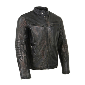 Chaqueta de Motociclista de Cuero Vacuno Negro Vintage para Hombre, Cuello Alto, Bolsillos con Cremallera, Estilo Moto Biker - Product Image 1