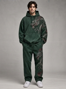Ensemble de survêtement homme vert foncé, sweat à capuche oversize et pantalon de jogging, streetwear, broderie personnalisée du logo, coton épais - Product Image 5