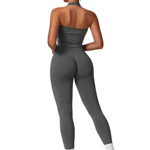 <b>Women's</b> High Quality Activewear Gym Wear Sets Solid Yoga Shorts Sleeveless Zipper <b>Jacket</b> Breathable Seamless Design Front - Product Image 3