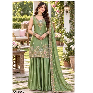 Hot Selling Women's Green Embroidered Viscose <b>Tissue</b> Palazzo Suit With Beads Work And Dupatta Trendy <b>Wedding</b> Ethnic Wear Set - Product Image 3