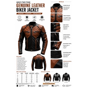 Blouson de moto en cuir pour homme, style color-block, manches longues, coupe-vent, style motard, toutes saisons, pour adulte - Product Image 5