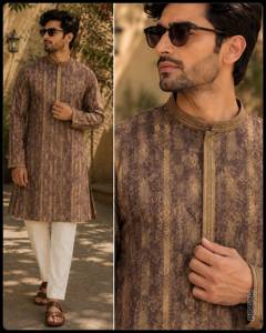 <b>Men</b>’s Premium Silk Jacquard Kurta <b>Pajama</b> <b>Set</b> with Fusible Embroidery Patti Work | Raymond Cotton Elastic Waist <b>Pajama</b> | Festive, - Product Image 3