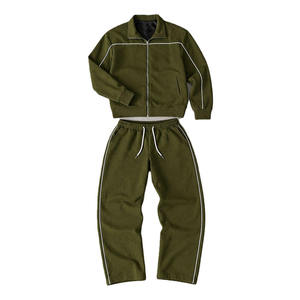 Ensemble de survêtement vert olive pour homme, veste zippée intégrale, pantalon de jogging, couleur unie, vêtements décontractés, matière respirante en polyester et coton - Product Image 2