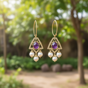 Amethyst Pearl Religious Charm Drop Earrings-Classic Geometric Hoop Danglers - Product Image 3