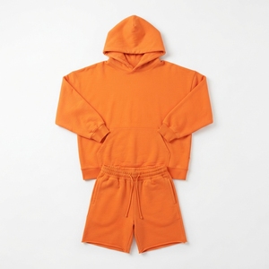 Conjunto de Sudadera con Capucha Lisa de Felpa Francesa y Pantalones Cortos a Juego para Gimnasio, de Algodón Pesado, Estilo Casual para Descansar, Venta al por Mayor - Product Image 3
