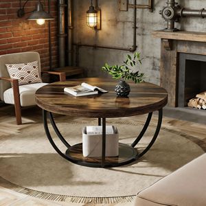 Table basse ronde en bois à 2 niveaux avec étagères, table centrale pour cocktails - Product Image 2