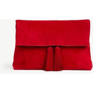 Pochette artisanale PRABHAVA en velours à motif chevron avec pompon, orange et blanc, style bohème, forme rectangulaire, pour soirée, 7 pouces - Product Image 1