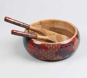 Bol à salade moderne de luxe en bois émaillé imprimé avec ensemble de cuillères – Vaisselle élégante faite à la main pour la salle à manger, la cuisine et la décoration intérieure - Product Image 3