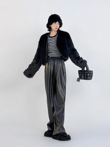 Pantalon croisé streetwear en cuir noir à boutons, taille mi-haute, pour femme, hiver, respirant, ample et fluide, longueur au sol - Product Image 6