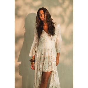 Women White Boho Embroidered High Low Eco-Friendly 100% Cotton Long Sleeve <b>Sequin</b> Party Beach Maxi Dress - Product Image 3