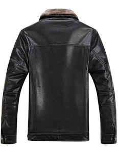 Men PU Leather Hooded Jacket Faux Fur Lined Zipper Closure Winter Outerwear Moto Biker Style Thick Warm <b>Coat</b> - Product Image 5