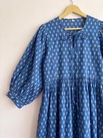 Robe midi en coton imprimé bleu, col noué, manches bouffantes, coupe ample, décontractée d'été, tissée respirante pour femme