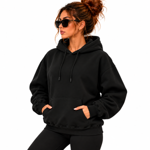 <b>Women</b> Oversized <b>Fleece</b> Hoodie <b>Black</b> Solid Color Pullover Sweatshirt With Pockets Hooded Casual Streetwear Style - Product Image 6