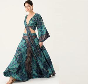 ชุดเซ็ตสองชิ้นลายโบโฮสำหรับผู้หญิง เสื้อครอปคอวีเว้าไหล่ แขนบาน พร้อมกระโปรงแม็กซี่เอวสูง - คละสี - Product Image 1