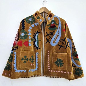 Veste indienne Suzani faite main, écologique, style vintage, col en V profond, broderie florale, 100% coton tissé, taille naturelle, été - Product Image 2