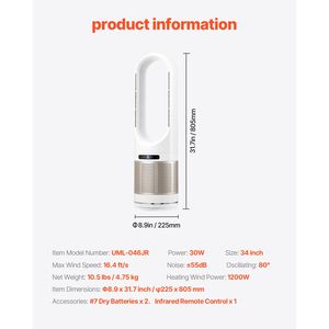 Ventilador de Torre sin Aspas de 8 Velocidades, Temporizador de 8 Horas, Velocidad de 16.4 pies/s, Oscilación de Aire Frío de 80 Grados, Modo de Espera, Enchufe AU/US, Caja de Almacenamiento Fácil - Product Image 6