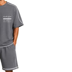 เสื้อยืดโอเวอร์ไซส์สีเทาชาร์โคลสำหรับผู้ชายและกางเกงขาสั้น ชุดเซ็ตแต่งขอบสีขาว ปักโลโก้ได้ คอกลม สไตล์ลำลอง สตรีทแวร์ ขายส่ง - Product Image 4