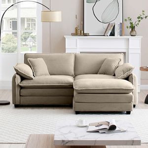 Divano a L in Velluto a Coste Color Tan a 2 Posti con Pouf per Spazi Ridotti, Due Posti e Un Poggiapiedi per il Massimo Comfort - Product Image 2