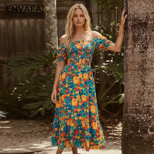 Robe longue personnalisée style bohème convertible deux-en-un, épaules dénudées, taille cintrée, imprimé floral, manches courtes pour femme - Product Image 1