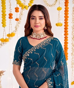 Sari de Seda Color Verde Azulado de AARA Fashion con Bordado Dorado, Protección Solar, Prenda Tradicional India, Diwali, para Mujer, Largo hasta el Suelo, Corte Regular - Product Image 5