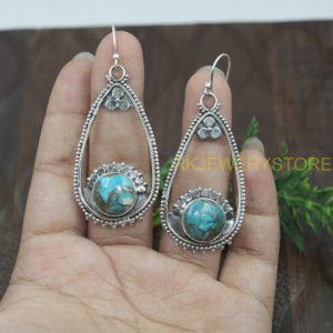 Pendientes Colgantes Hechos a Mano con Turquesa Azul y Cobre, Plata de Ley 925, Estilo Vintage, Joyería Boho para Mujer - Product Image 5