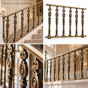 Rampe en bronze classique avec balustres ovales à médaillon et embouts à double courbure, main courante et balustrade en métal - Product Image 5