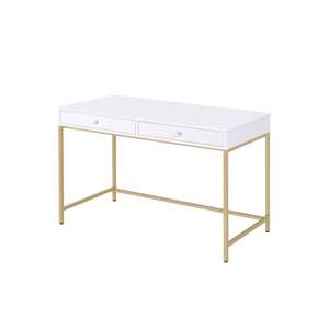 Ottey <b>White</b> High Gloss Vanity <b>Desk</b> with Gold Finish Elegant <b>Makeup</b> Vanities - Product Image 3