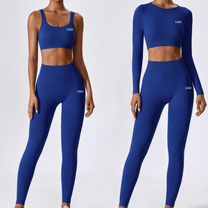 3 Pieces Seamless Spandex Sports Yoga Set Workout <b>Long</b> Sleeve Crop <b>Tops</b> Activewear Gym Fitness Apparel with Front Logo for <b>Women</b> - Product Image 4