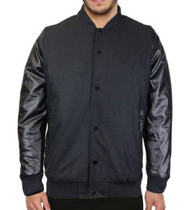 Chaqueta Varsity Azul Marino para Hombre, Tela de PU, Mangas de Poliéster/Algodón, Cierre de Botones Cubiertos, Cuello Alto Transpirable, Estilo Preppy de Invierno - Product Image 2