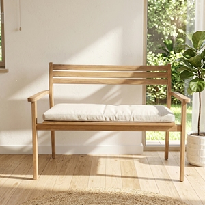 wholesale modern minimalist teak wood garden <b>bench</b> outdoor patio two seater wooden sofa seating with white <b>cushion</b> furniture set - Product Image 2