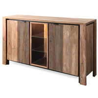 Buffet moderne de luxe en bois de manguier massif, écologique, avec portes vitrées et panneaux à lattes, design mid-century, capacité 3 pieds, pour salle à manger