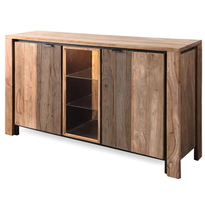 Modern Luxury Solid Mango Wood Eco-Friendly <b>Sideboard</b> Glass Doors Slatted Panels Midcentury Modern Design 3 ft Capacity Dining - Product Image 3