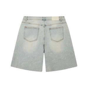 Shorts en jean pour hommes, coupe baggy, délavés à l'acide, bords bruts, style streetwear, avec strass et logo personnalisé - Product Image 5