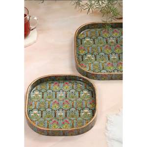 Plateau de service rond en émail, imprimé palmier vintage, assiette en métal avec bordure découpée décorative, multifonctionnel pour la cuisine et la décoration de la pièce - Product Image 2