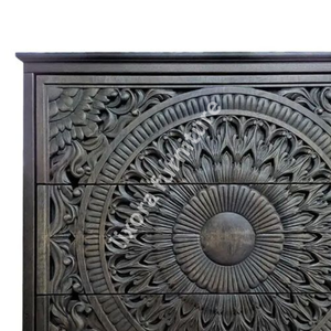 Commode de luxe artisanale en bois massif à 3 tiroirs, avec sculpture mandala lotus ornée, finition noir anthracite - Product Image 2