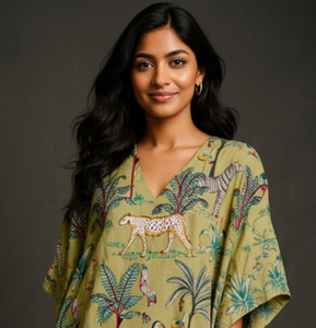 Robe Kaftan en Coton Vert Sauge Faite à la Main, Écologique, Imprimé Jungle Tropicale, Col en V, Manches Chauve-Souris, Coupe Décontractée, Tenue de Détente - Product Image 1