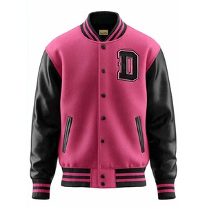 <b>Mens</b> Pink Varsity <b>Jacket</b> Genuine Leather Sleeves Embroidered <b>Letter</b> D Front Turn-down Collar Preppy Style Winter Wear Breathable - Product Image 1