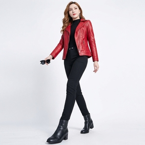 Chaqueta de moto roja para mujer, con cuello vuelto, cremallera, resistente al viento, para otoño, manga larga, estilo regular - Product Image 4