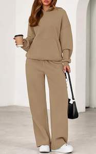 Conjuntos de chándal de dos piezas para mujer, hechos a medida por OEM, de algodón 100% sólido, para invierno/otoño, con sudaderas extragrandes y pantalones de pierna ancha, conjuntos a juego para estar en casa. - Product Image 4