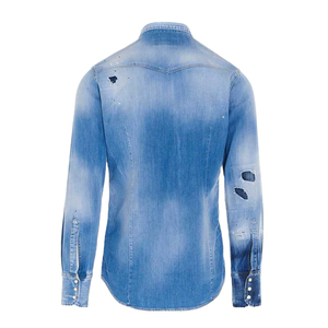 เสื้อเชิ้ตเดนิมสีฟ้าอ่อนคุณภาพสูงสำหรับผู้ชาย แขนยาว ล้างสีแบบ Bleach Stone Wash แต่งขาดรุ่ย กระดุมหน้า สไตล์ลำลอง ขายดี - Product Image 2