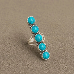 Bague longue en turquoise naturelle plaquée argent antique, motif floral traditionnel, pour femme, bijou de mariage sur toute la main - Product Image 2