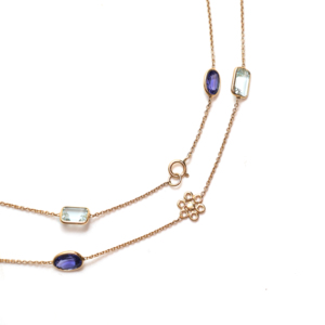 Collar con colgante floral de aguamarina natural y tanzanita de corte mixto en oro amarillo macizo de 18 quilates – Gema azul geométrica engastada en bisel - Product Image 3