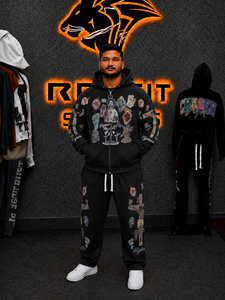 Ensemble survêtement homme imprimé streetwear, sweat à capuche et pantalon, noir, coton French Terry, pour l'automne, avec impression DTF - Product Image 1