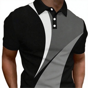 Polo à manches courtes pour homme, à blocs de couleur, motif géométrique, style décontracté, tricoté, noir, gris, blanc - Product Image 1